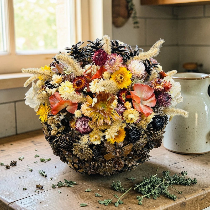 Dried flower arrangement in a woven round basket with mixed yellow, orange, and pink blooms.