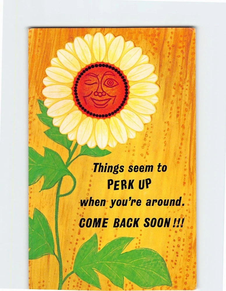 Sunflower flower art print with smiling sun face, green leaves, and text "COME BACK SOON!!"