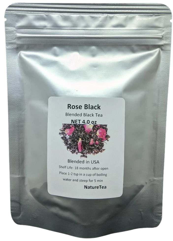 Loose black tea blend pouch with rose petals, silver foil pack, 4 oz