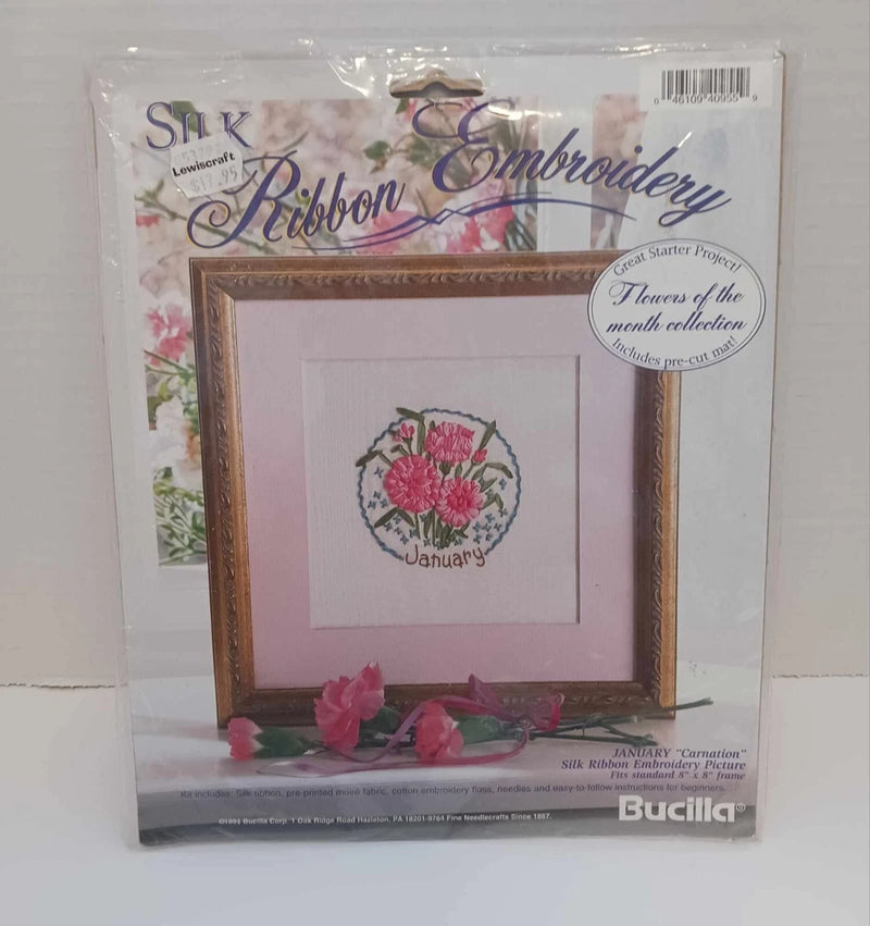 Silk ribbon embroidery kit featuring January carnation flower design in hoop