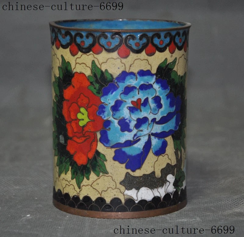 Cloisonne bronze brush pot with peony flower design