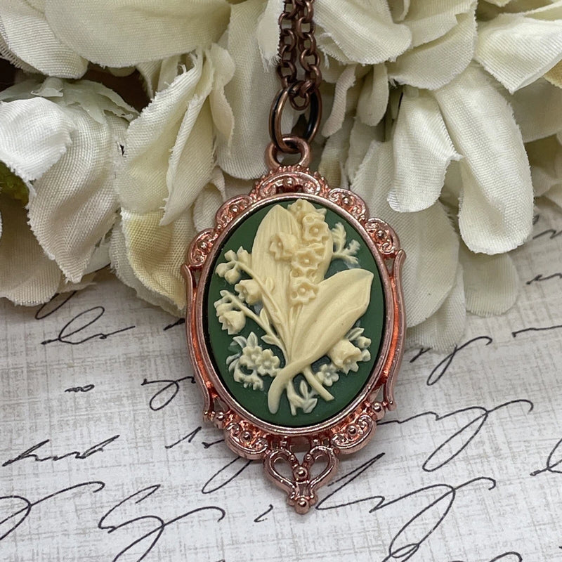 ROSE GOLD Green Lily of the Valley Cameo Summer Pendant Necklace Charm Wedding Lily