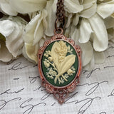 ROSE GOLD Green Lily of the Valley Cameo Summer Pendant Necklace Charm Wedding Lily