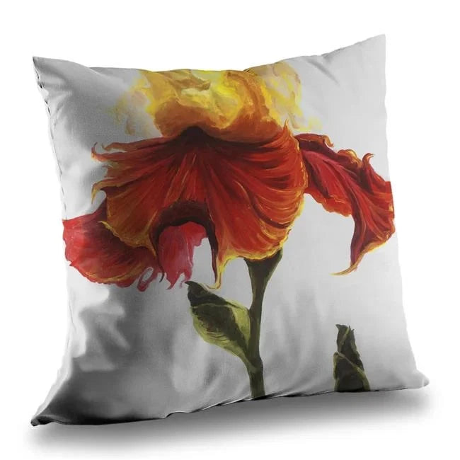 Square 26x26 in throw pillow with blossoming lily flower print in pink and red