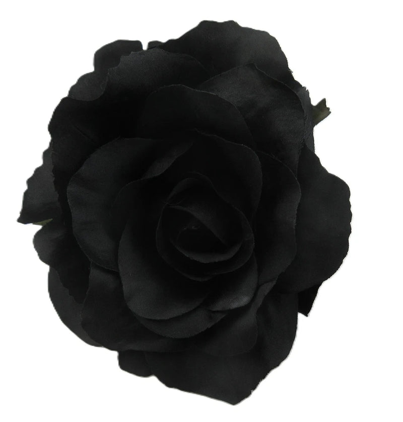 4 3/4" Goth Black Rose Poly Silk Flower Brooch Pin with Locking Bale Roses