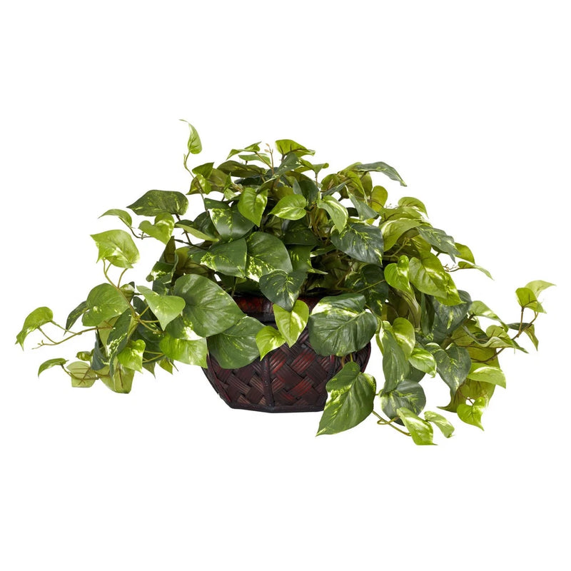 15-inch silk pothos plant with glossy green leaves in a woven decorative pot