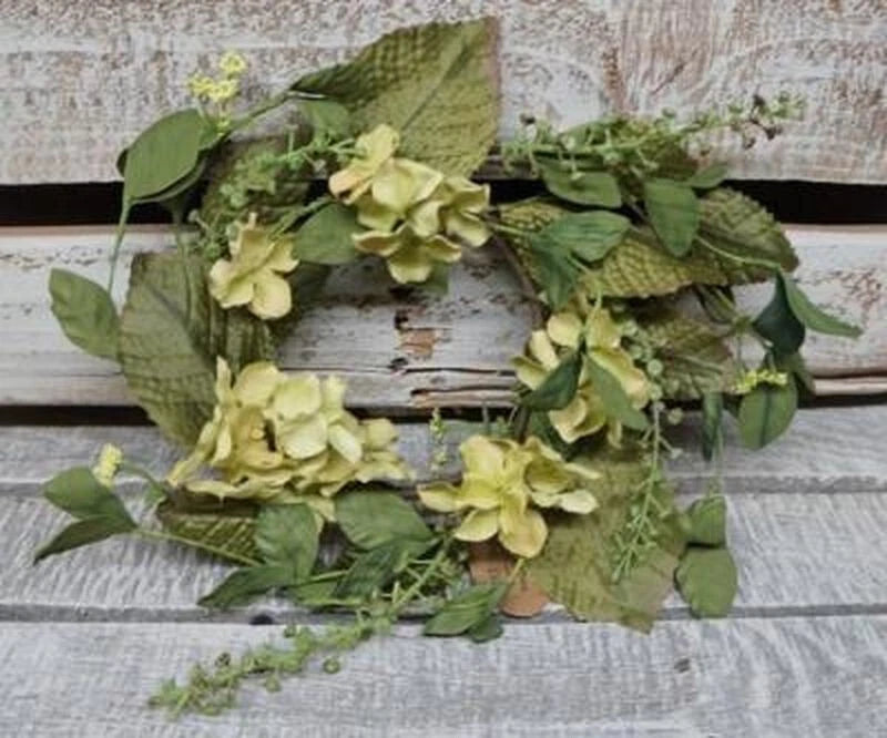 New Primitive Rustic CREAM HYDRAGEA CANDLE RING Wreath 4.5" Hydrangea
