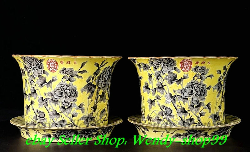 Old Dynasty Marked Yellow Glaze Porcelain Peony Flower Flowerpot Plant pot Pair Peony
