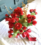 Red rosebuds, red blooms, gold eucalyptus and gold crystals bridal bouquet Bouquet