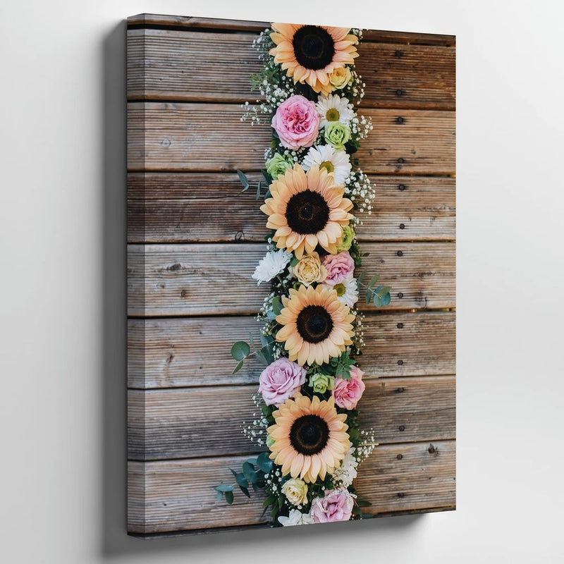 Vertical Arrangement Of Various Flowers, Including Large Sunflowers Wall Art Sunflower