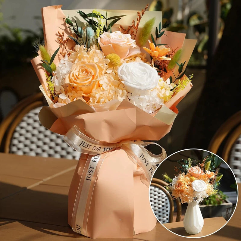 Preserved Flower Bouquet with Vase, Flower Bouquet Anniversary Beige Bouquet