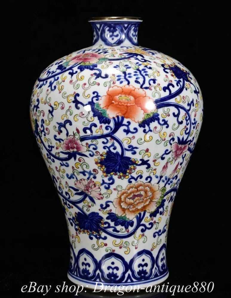Blue-and-white porcelain vase with floral peony and ornate scroll pattern