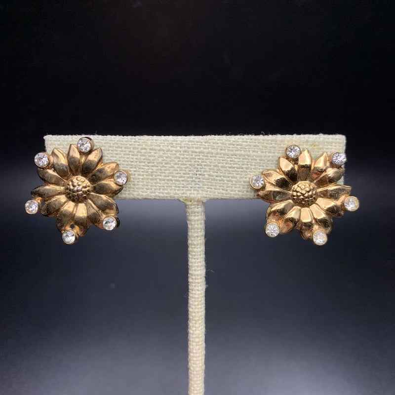 Gold-tone sunflower rhinestone screw-back earrings with clear stones, pair