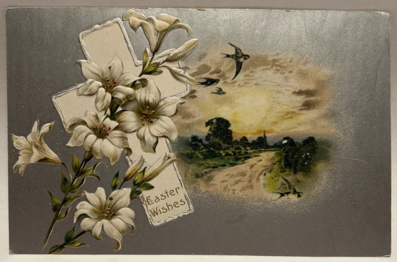 Easter Wishes, White Lily Flowers, Bird, Silver Background, Vintage Postcard Lily