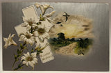 Easter Wishes, White Lily Flowers, Bird, Silver Background, Vintage Postcard Lily