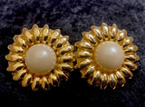 VTG 80s 90s Sunflower Faux Pearl Cabochon GoldTone Clip On Earrings Heavy Sunflower