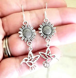 Silver Sunflower Earrings Hummingbird Earrings Dangle Hummingbirds Sunflowers Sunflower