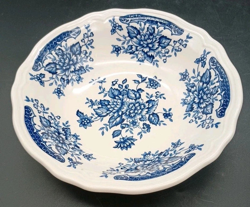 Floral cereal bowl in white with blue transfer print, scalloped rim