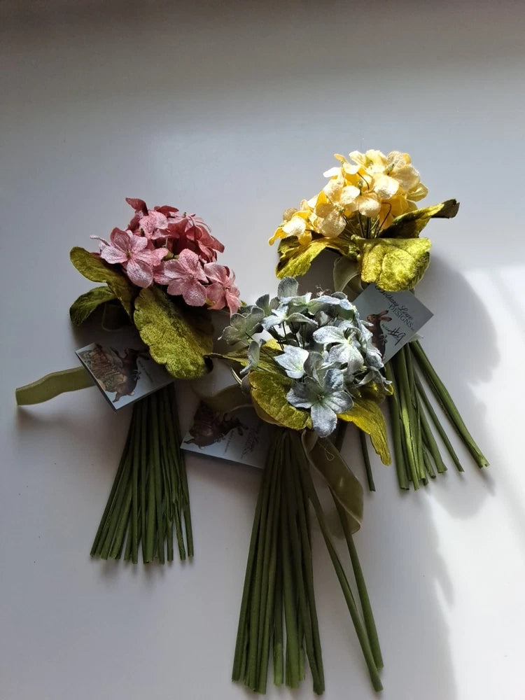 Set of 3 fabric floral bouquets with velvet ribbon, yellow pink and blue flowers, green stems