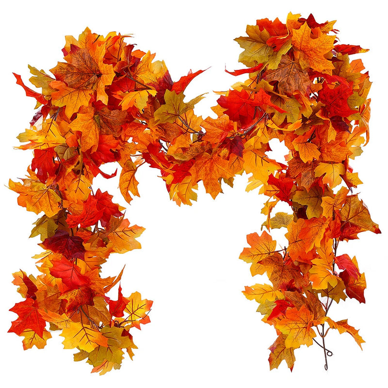 Artificial maple leaf garland with red, orange, and yellow autumn leaves