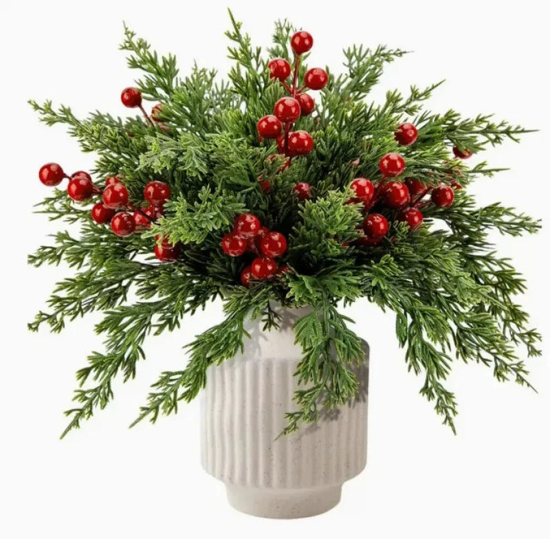 Artificial Red Berry Cedar Stem Arrangement Fake Evergreen Plant for Home Holida Green Plant