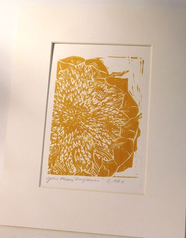 Yellow Sunflower - original linocut by Julie Miscera  matted Yellow/Ochre Ink Sunflower