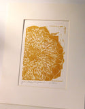 Yellow Sunflower - original linocut by Julie Miscera  matted Yellow/Ochre Ink Sunflower