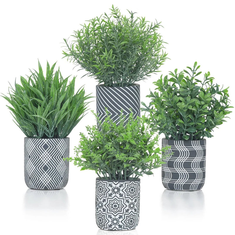 4 Pack Small Fake Plants, Fake Grass Plant, Artificial Boxwood & Rosemary, La... Green Plant