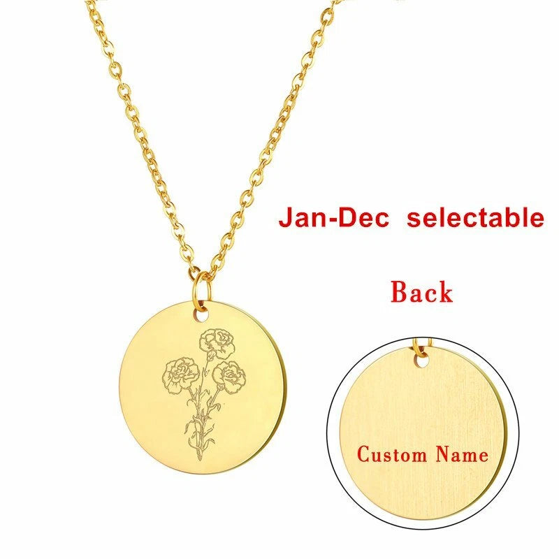 Stainless Steel Flower Birth Month Pendant Necklace Birthday Gift Free Engraving Carnation
