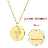 Stainless Steel Flower Birth Month Pendant Necklace Birthday Gift Free Engraving Carnation