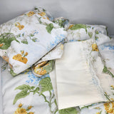 Vintage Full Sheet Set 4pc Yellow Rose Floral Blue Hydrangea Lace Trim Bedding Hydrangea