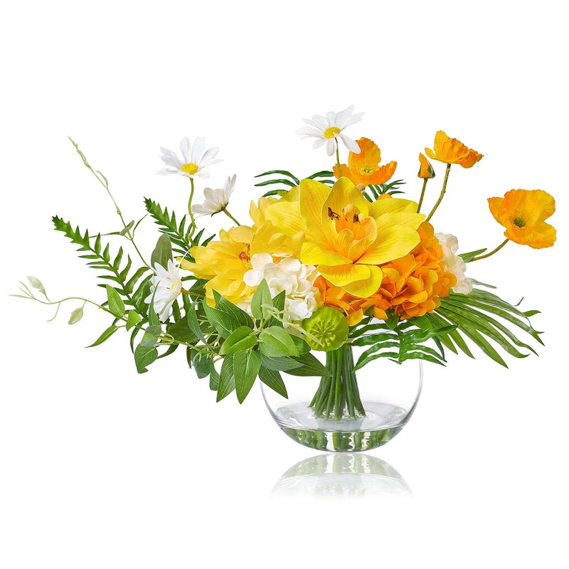 Artificial Silk Flowers in Glass Vase for Dining Table Decor, Tropical Orange... Hydrangea