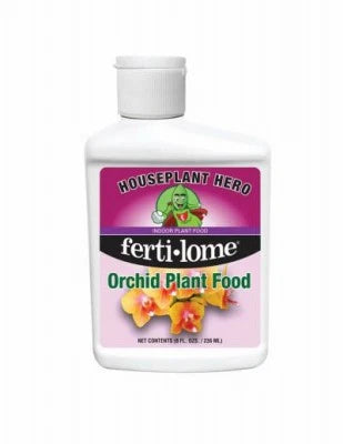 Ferti-lome Houseplant Hero orchid plant food bottle, white with purple label