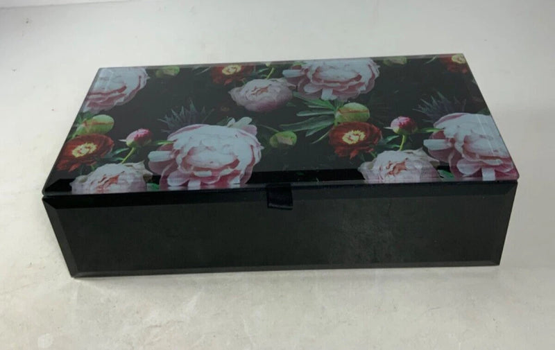 Black jewelry box with floral peony glass lid, rectangular with small latch