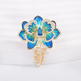 Women's Blue Enamel Cubic Zirconia Peony Flower Tassel Brooch Pin Peony