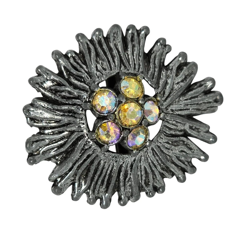 Vintage Sunflower-Inspired Brooch With Aurora Borealis Rhinestones & Silver-Tone Sunflower