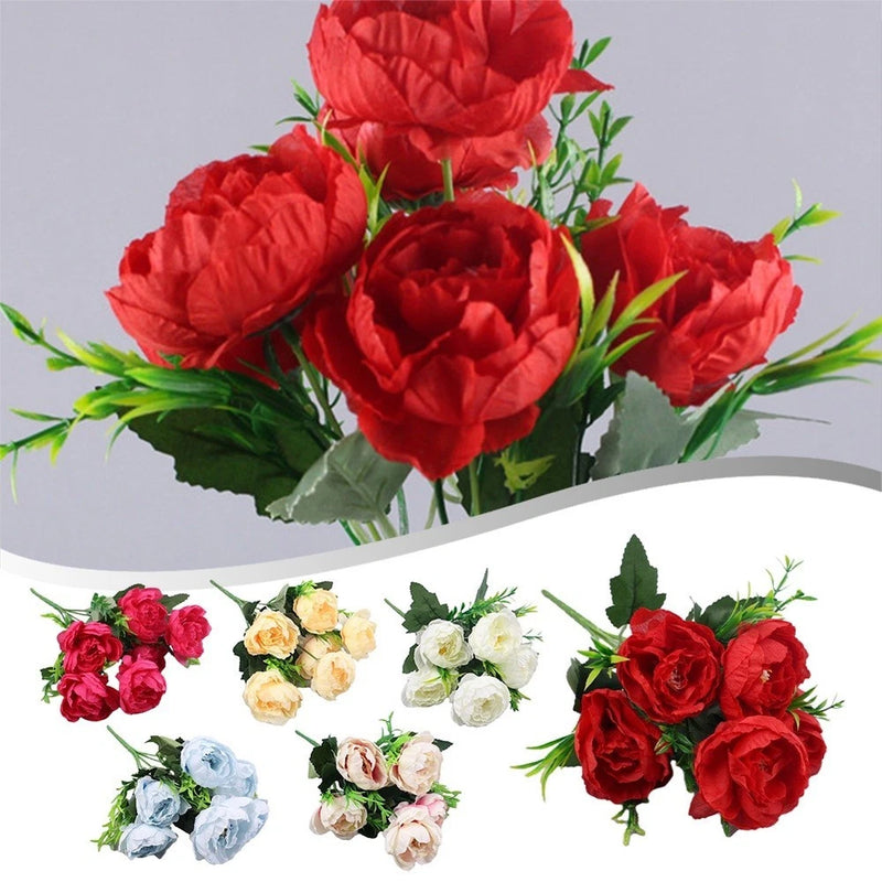 Pack of 6 artificial peony flower bunches, red, white, pink, and cream blooms