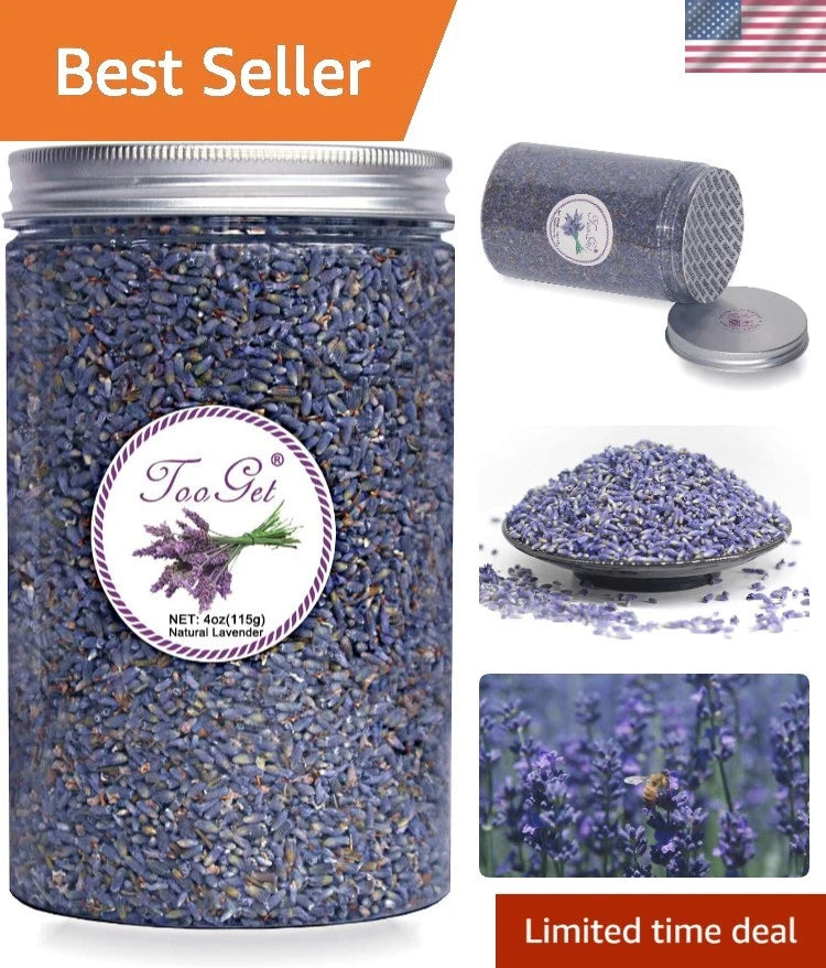 Food-grade dried culinary lavender buds in clear jar with purple buds