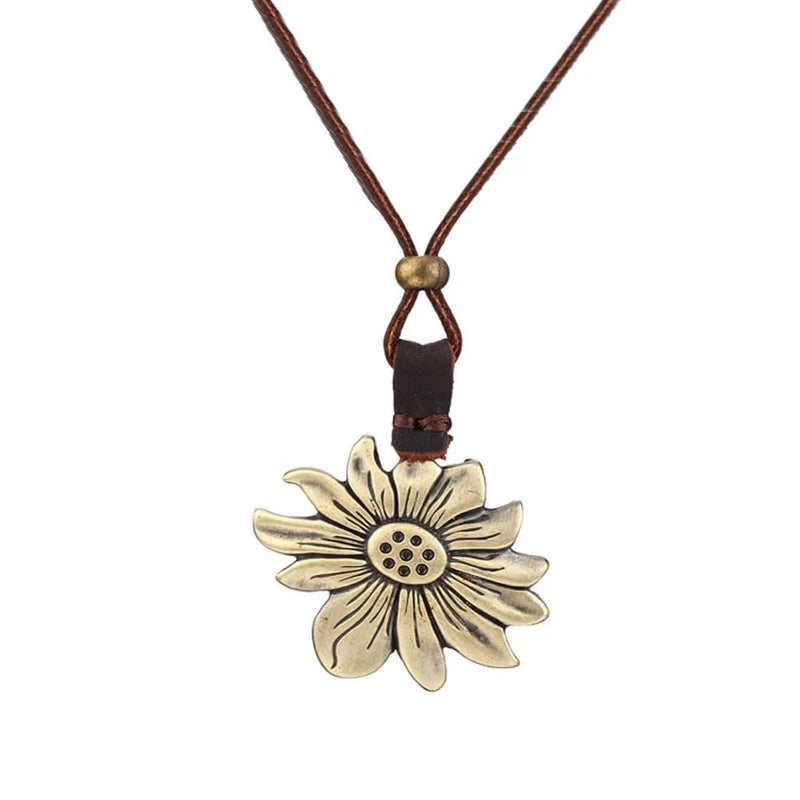 Sunflower Necklace Gold Daisy Flower Pendant Necklace Brown Leather Sunflower Ne Sunflower