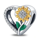 S925 Sterling Silver Sunflower Heart Bracelet Necklace Charm Pendant Bead Sunflower
