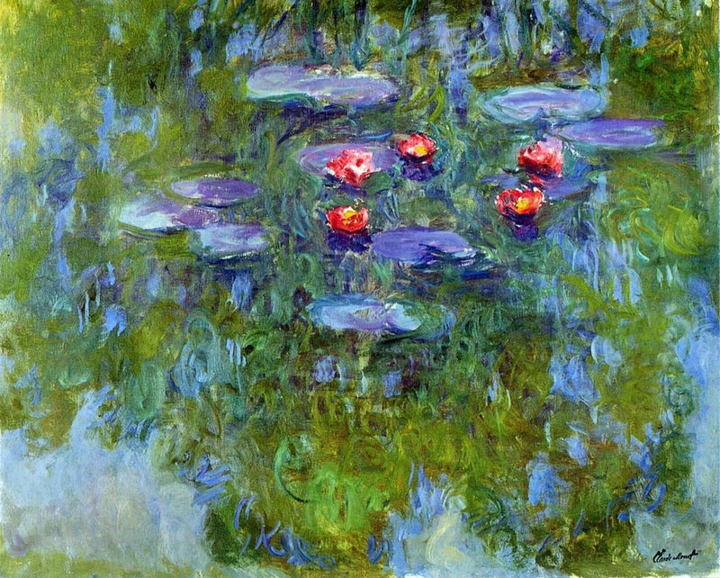 Claude Monet water lilies giclee print on canvas, red flowers on lily pads