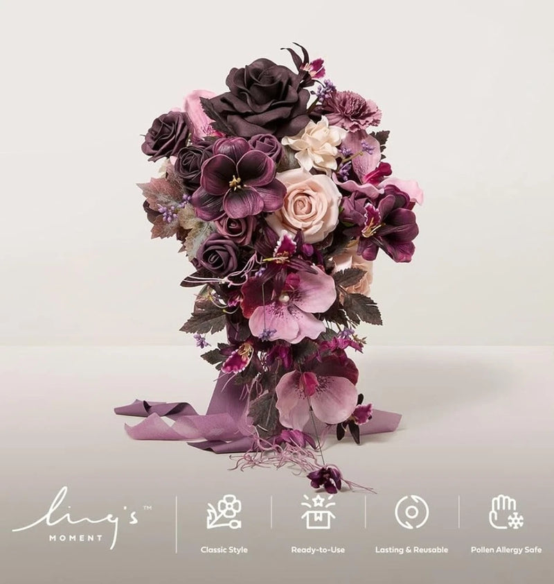 Ling's Moment Purple Bridal Bouquet Cascading, Plum Wedding Bouquets for Bride Hydrangea