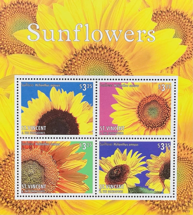 Sunflower stamps sheet with four colorful flower designs and St Vincent $3.25 labels