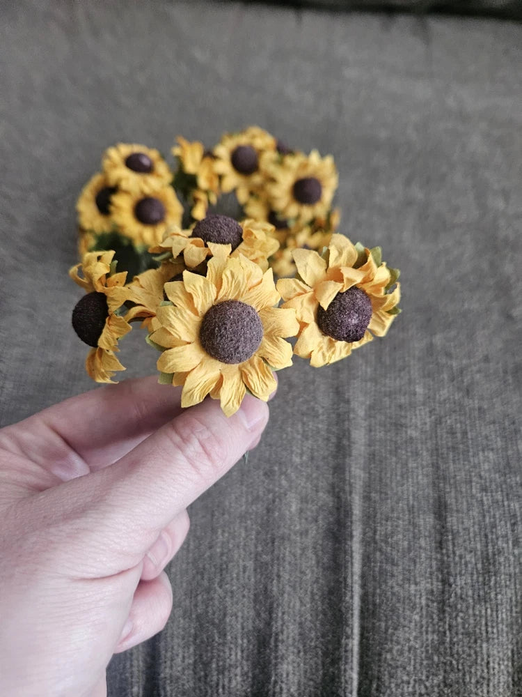 Faux sunflower bundle with yellow petals and dark brown centers, wired stems