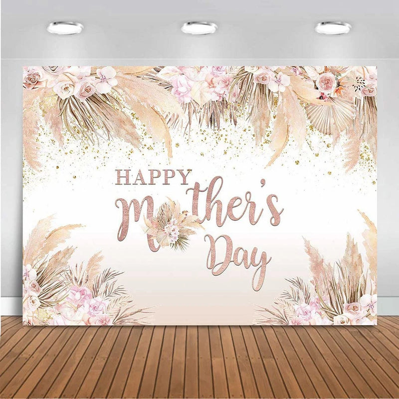 7x5ft Mothers Day Backdrop Boho Flowers Happy Mother's Day Banner Pampas Grass Pampas Grass