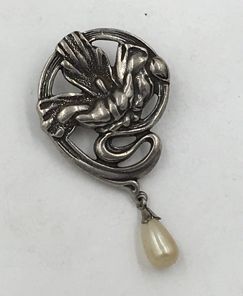 Vintage Art Nouveau Lily Flower Faux Pearl Sterling Silver Pin Brooch Lily