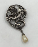 Vintage Art Nouveau Lily Flower Faux Pearl Sterling Silver Pin Brooch Lily