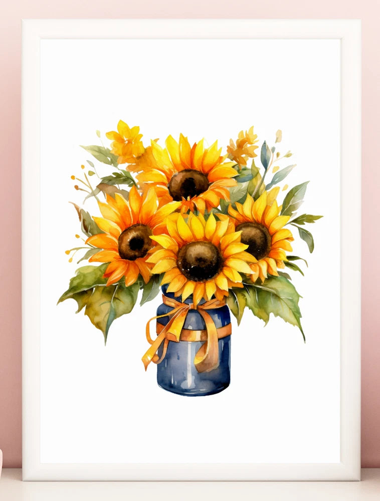 Floral Art Print, Sunflower Bouquet Wall Art Decor, Botanical Art Print #741 Sunflower