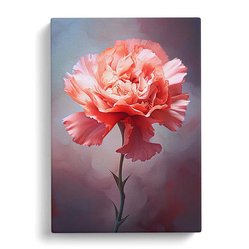 Framed canvas wall art with a coral pink carnation flower and green stem