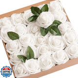 Ling's moment Artificial Flowers 50Pcs White Roses Decor w/Stems,3" Real Touc Bouquet